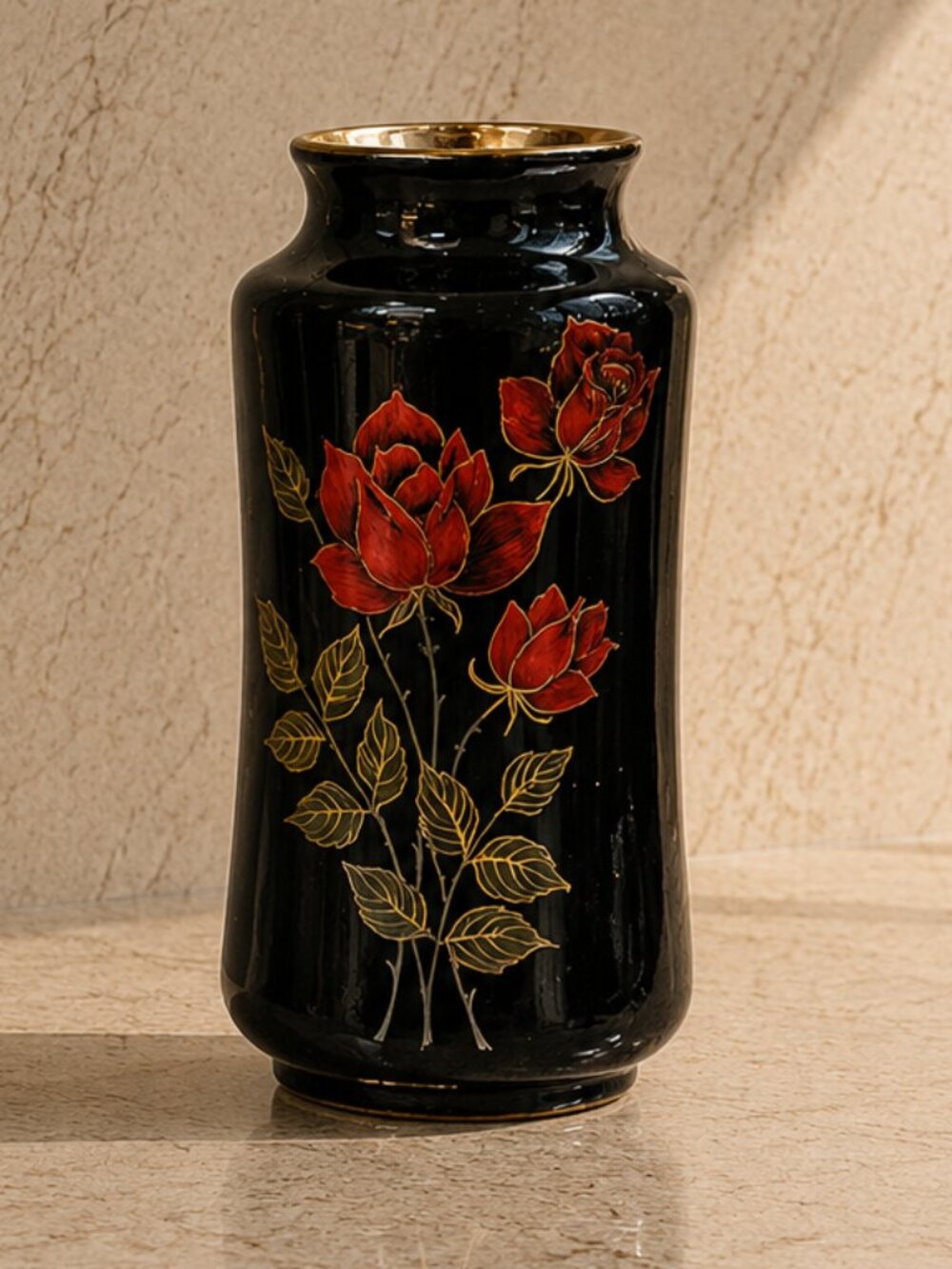 Vintage Black Porcelain Red Roses Hand Painted Ceramic Vase Made In Japan